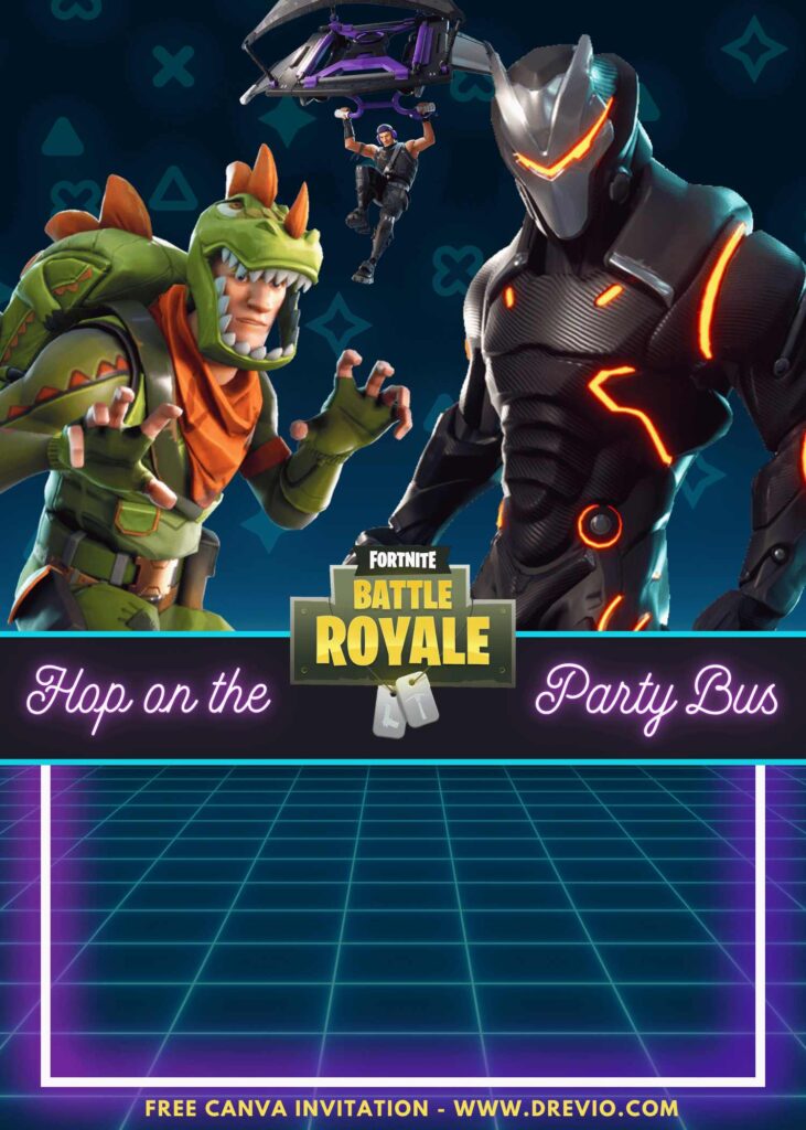 Free and Editable Fortnite Dino T-Rex and Neon Ninja Birthday Invitation Templates Made in Canva. Customize Online for free