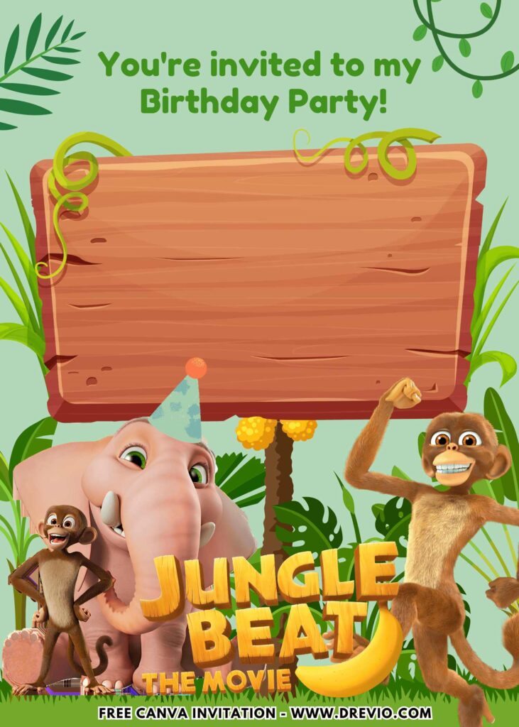 Free and Editable Jungle Beat Munki and Trunk Birthday Invitation Templates Made in Canva. Customize Online for free