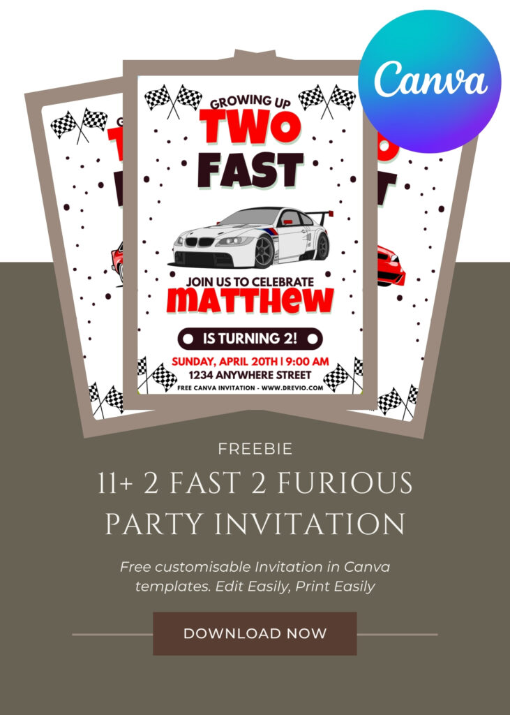 Race-day birthday invitation design with sports cars, finish line banner, racing numbers, and bold red racing graphics