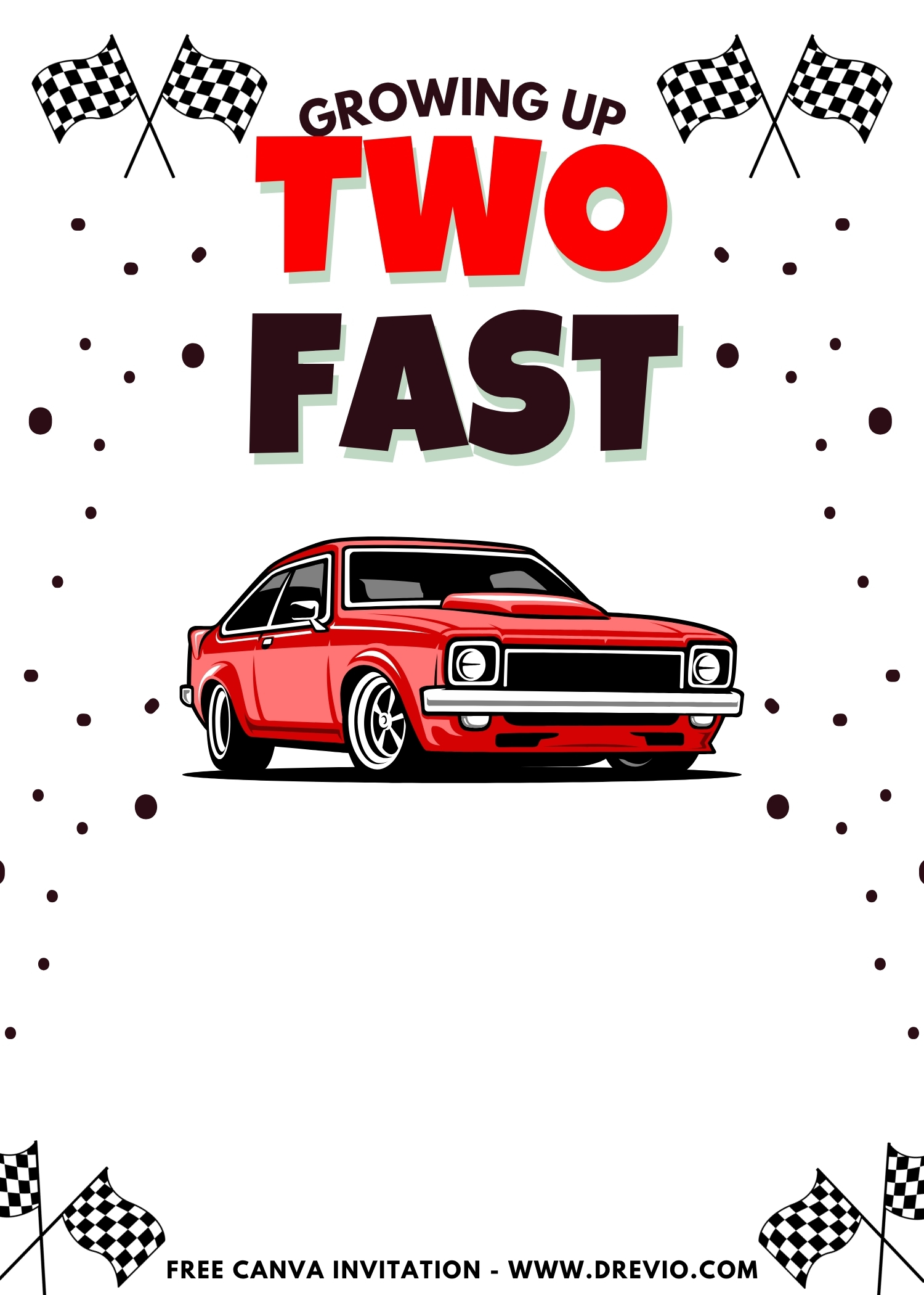 Editable Canva 2 Fast 2 Furious Invitation with red, black, and white racing theme, tire marks, and checkered flag border