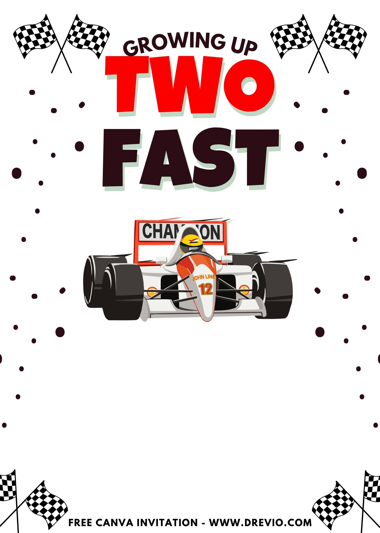 Free 2 Fast 2 Furious Invitation template with red race cars, black and white checkered flags, tire tracks, and racing numbers