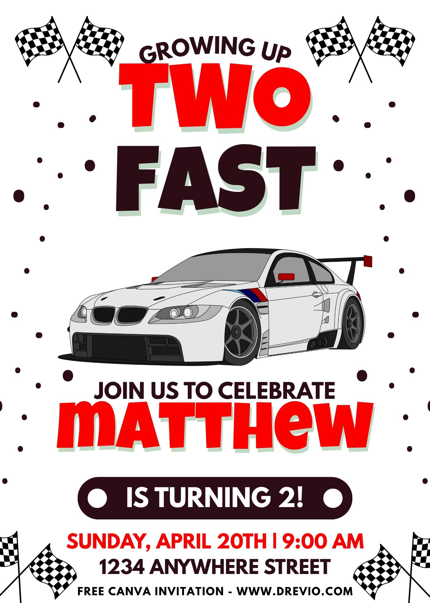 Bold 2 Fast 2 Furious birthday invitation featuring sports cars, racing stripes, speedometer graphics, and race-day colors