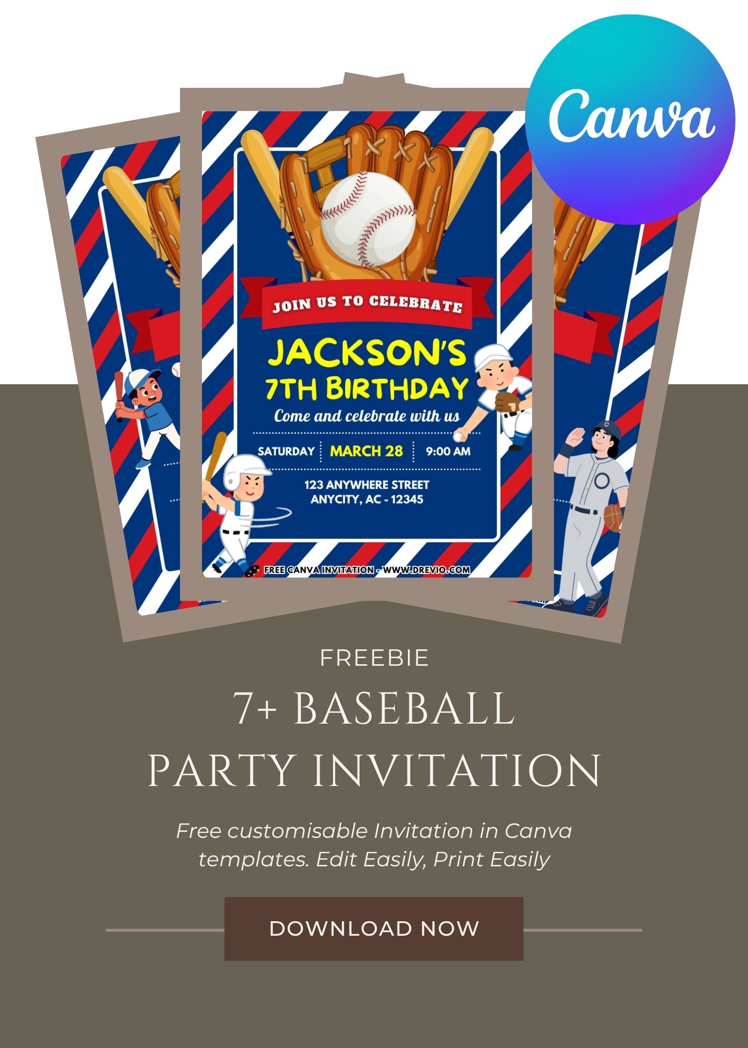 Vintage baseball invitation design with classic scoreboard, wooden bat, baseball glove, and stitched baseball accents