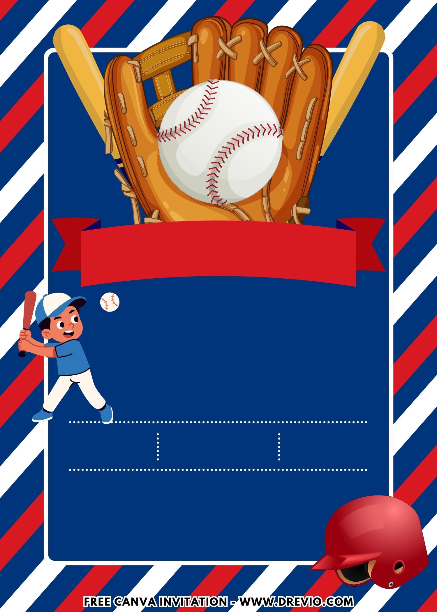 All-star baseball birthday invitation surrounded by baseballs, trophy, pennant flags, and stadium-inspired graphics