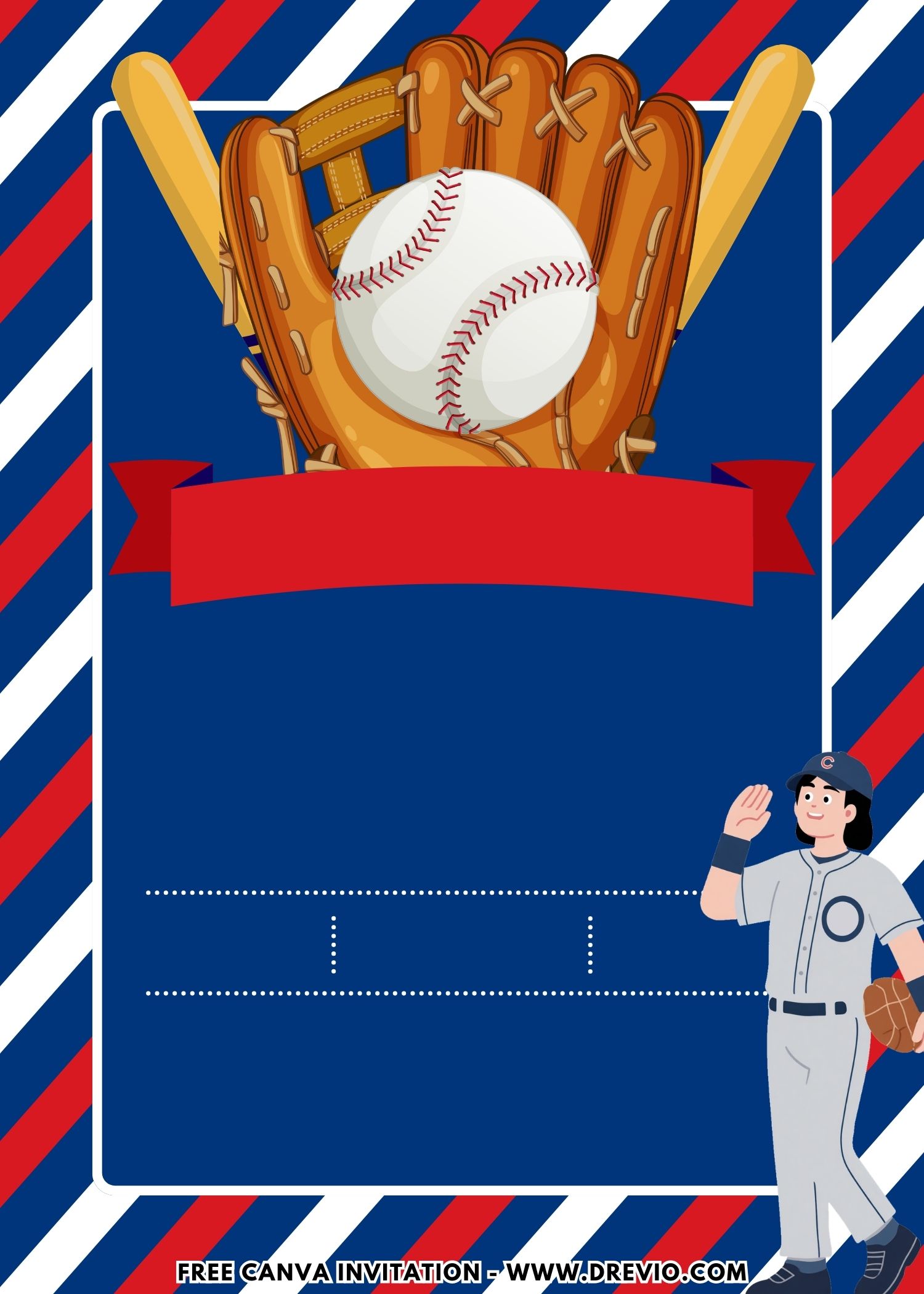 Baseball Invitation Canva template with baseball cap, glove, bat, home plate, and green outfield elements