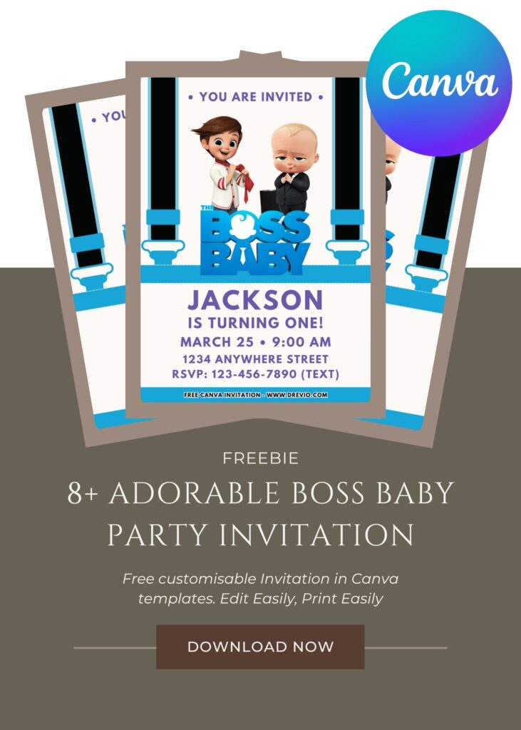 Boss Baby birthday invitation template surrounded by sunglasses, milk bottles, pacifiers, briefcases, ties, and confetti graphics