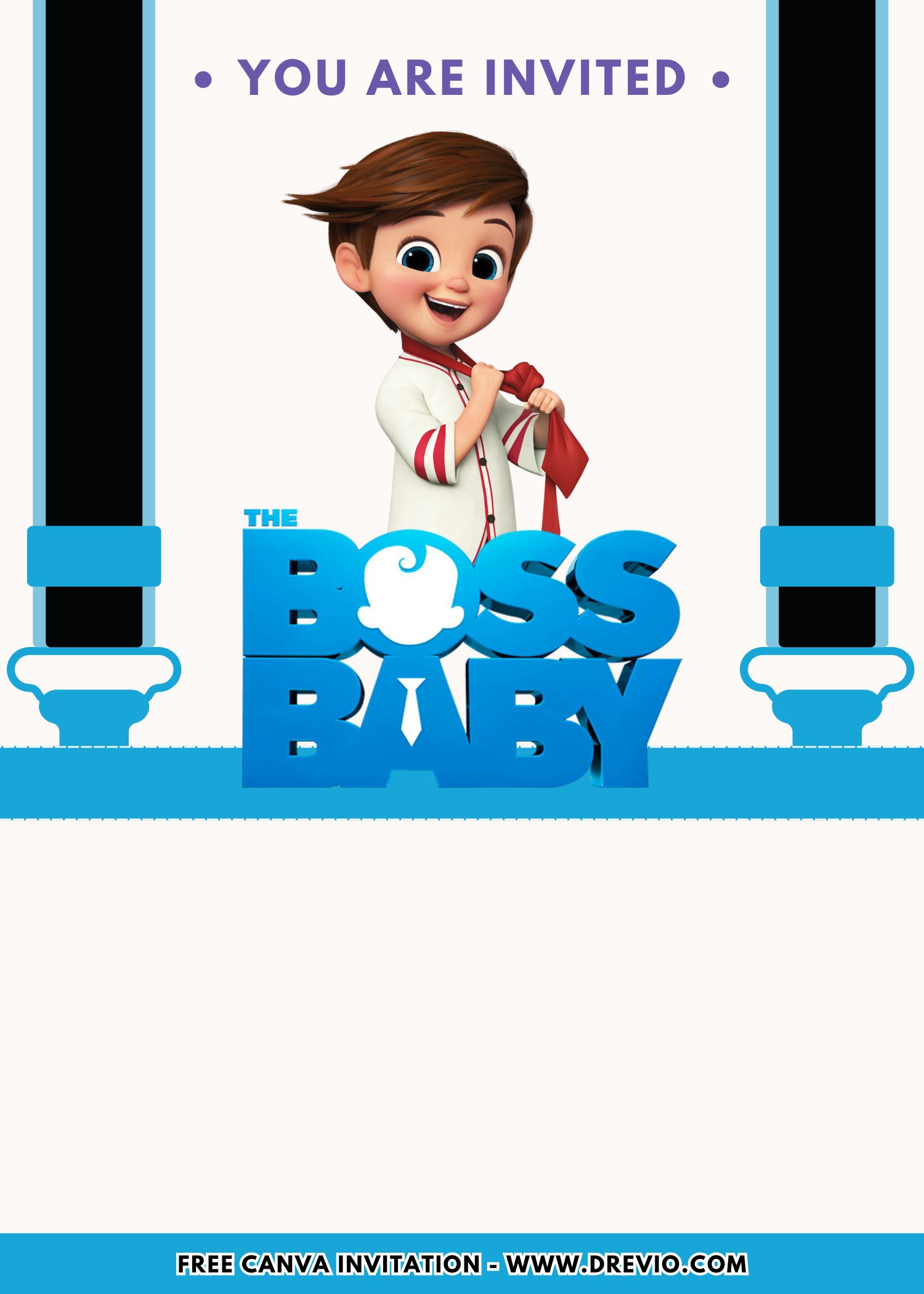 Editable Boss Baby birthday invitation design with cartoon baby boss, blue balloons, briefcase, necktie, and modern party layout