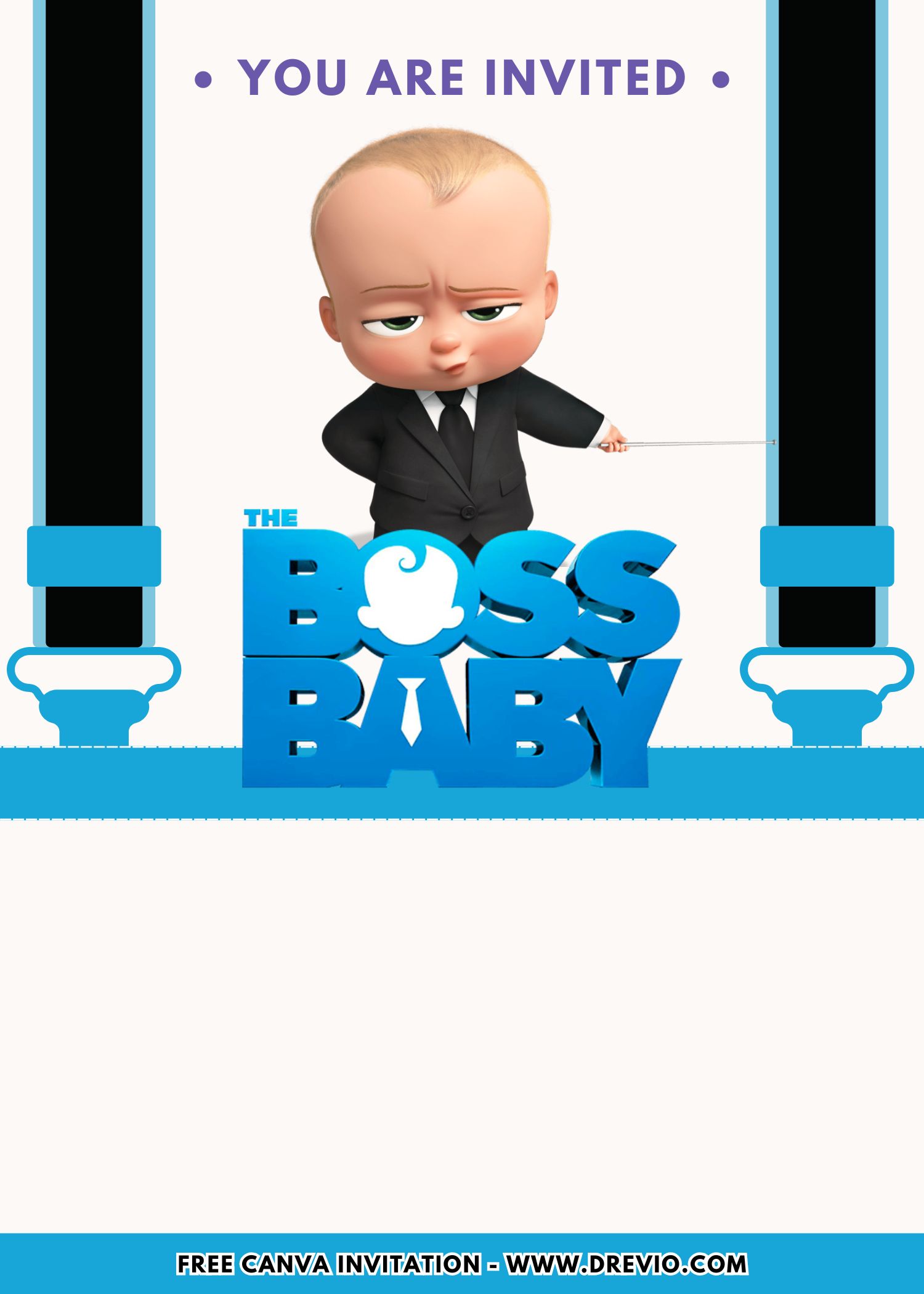 Boss Baby Invitation Canva template featuring tiny CEO theme with business suit, necktie, pacifier, office icons, and gold accents