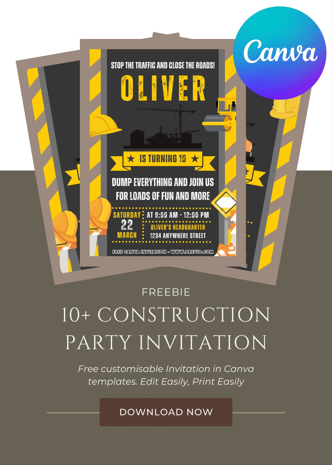 Construction birthday invitation with dump truck, excavator, caution signs, orange cones, and tire track accents
