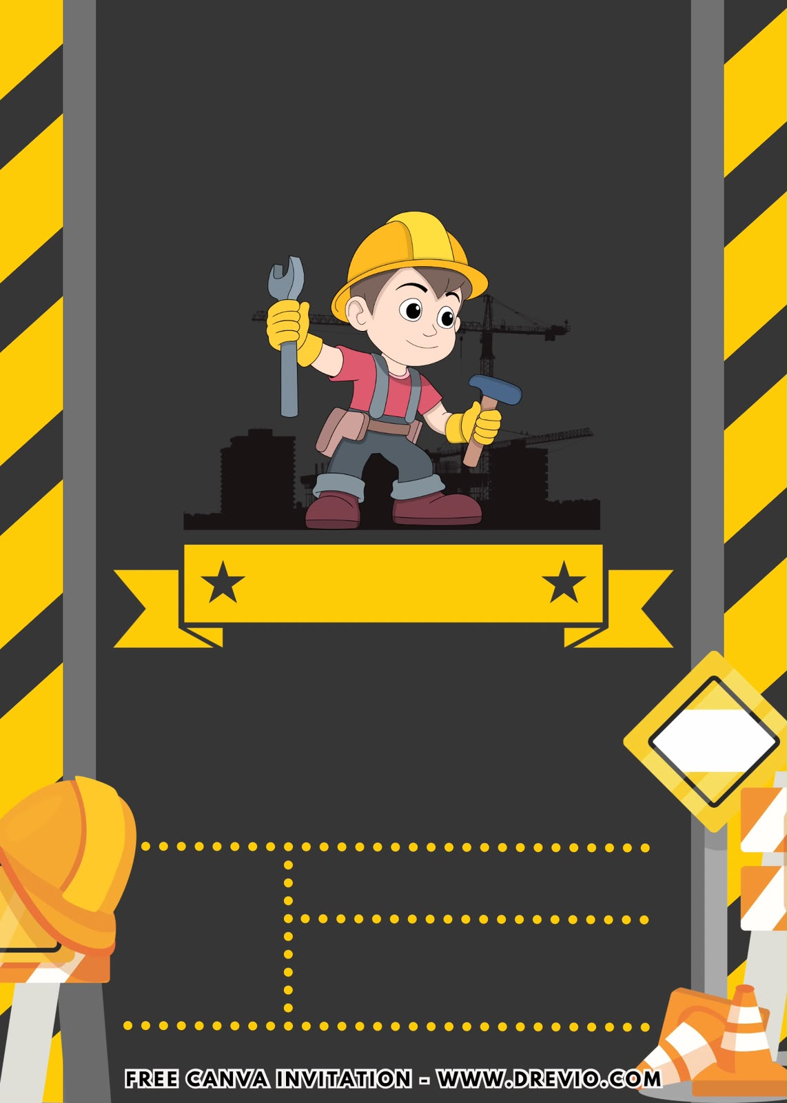 Cute Construction Invitation featuring bulldozer, crane, hard hats, traffic cones, and yellow caution stripes