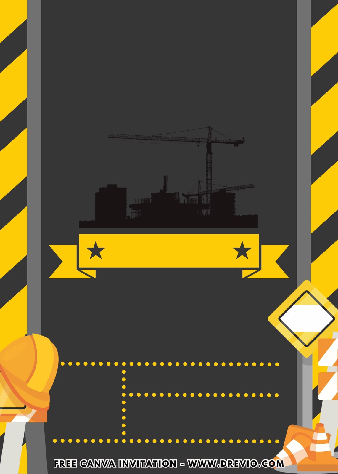 Modern Construction Invitation in black and yellow with caution tape, dump truck, traffic barriers, and tool icons