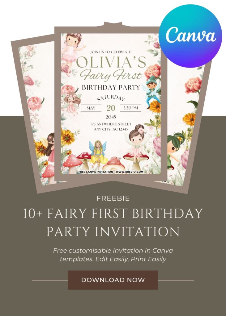 Lavender Fairy First birthday invitation decorated with fairy garden flowers, butterflies, leafy vines, and watercolor fairy