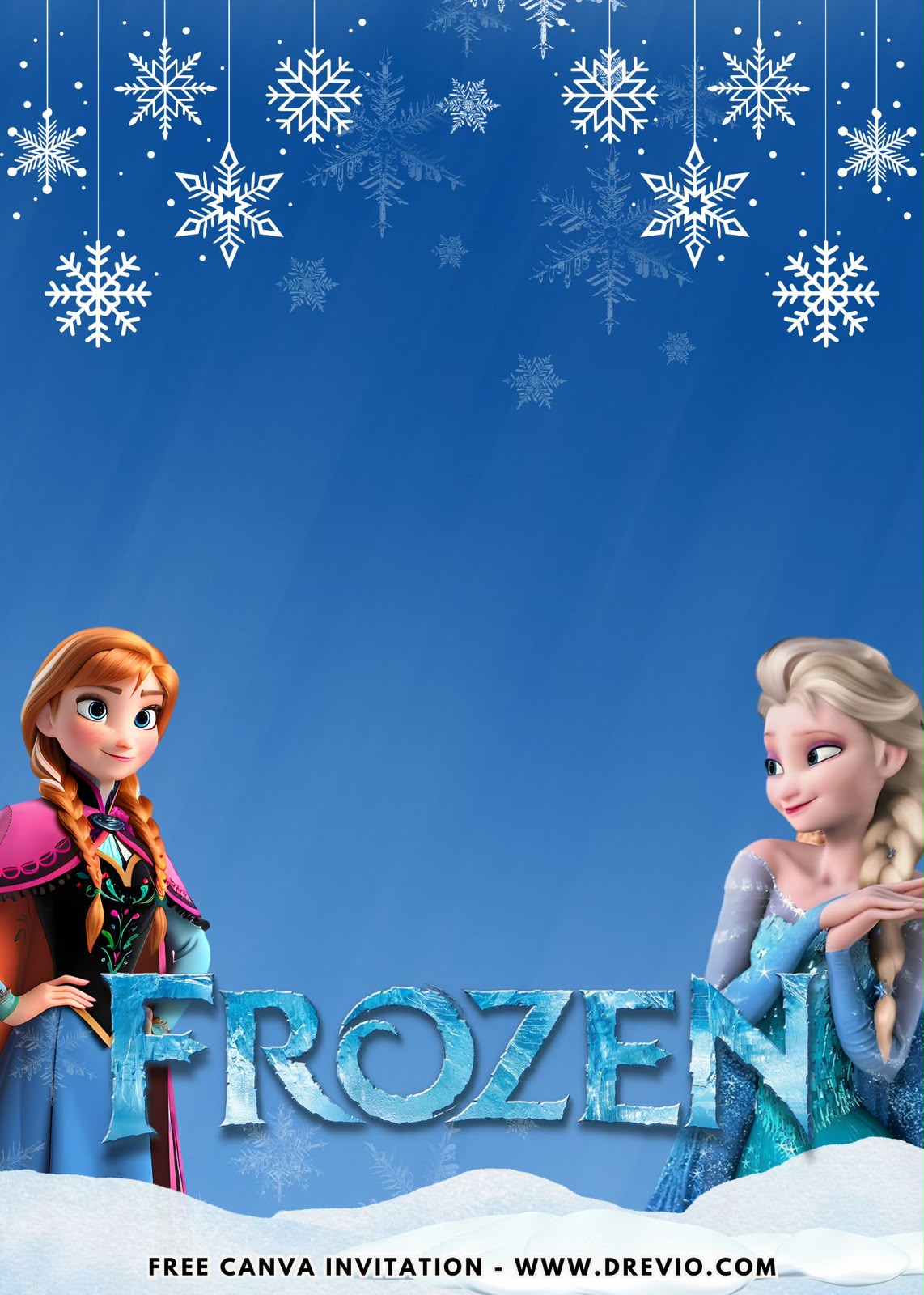 Frozen Arendelle birthday invitation featuring Arendelle Castle, frosty trees, glitter snowflakes, and icy blue colors