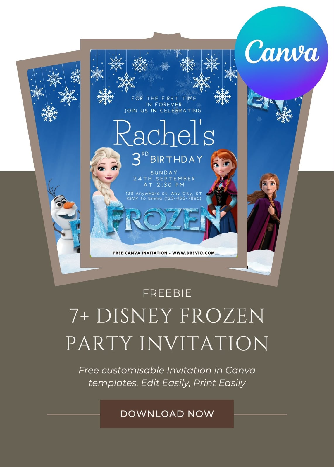 Frozen Arendelle invitation with Elsa, Anna, snowy castle, icy blue snowflakes, and winter sparkle elements
