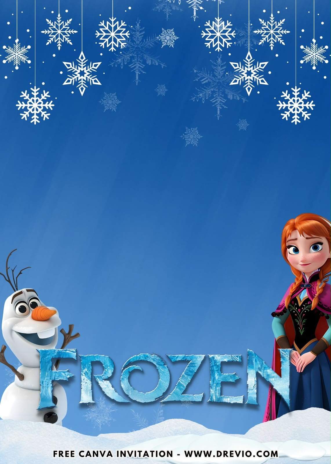 Frozen Arendelle birthday invite surrounded by Elsa, Anna, Olaf, Arendelle Castle, crystal snowflakes, and icy florals