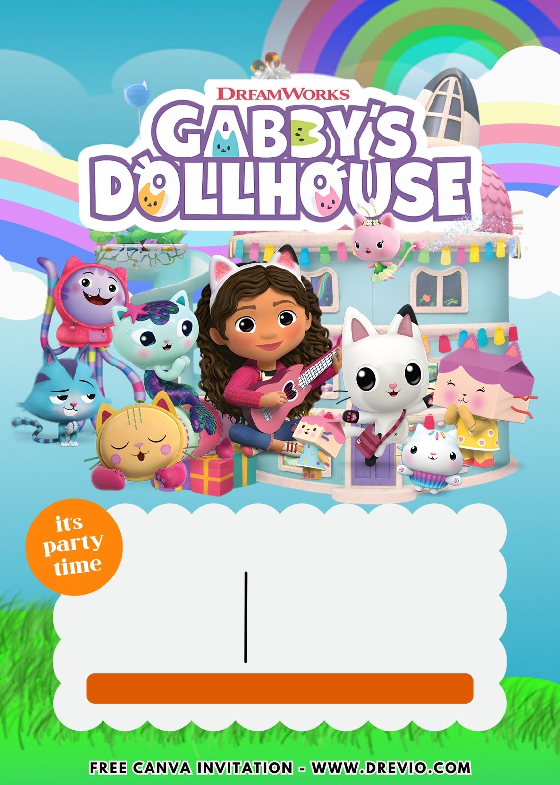 Cute Gabby's Dollhouse Canva invitation surrounded by paw prints, rainbows, flowers, presents, and colorful party icons