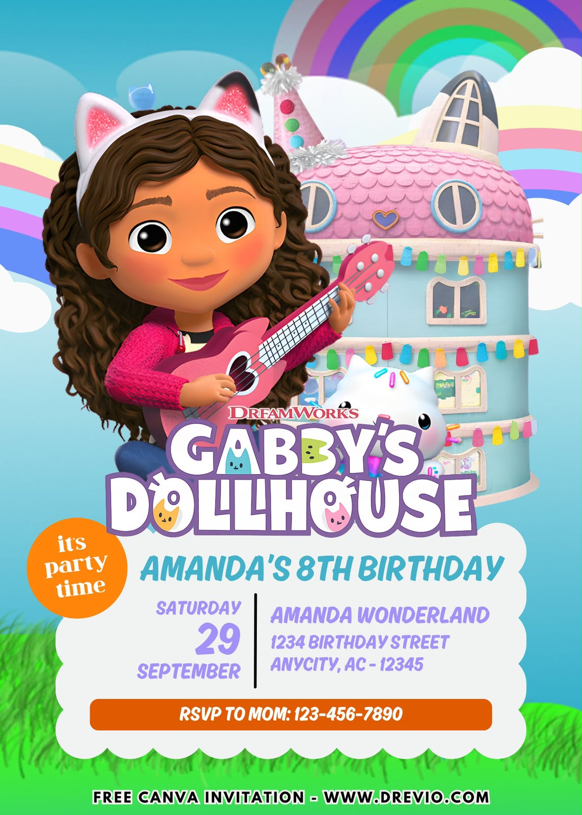 Editable Gabby's Dollhouse invitation template with colorful dollhouse, smiling cats, balloons, cupcakes, and stars