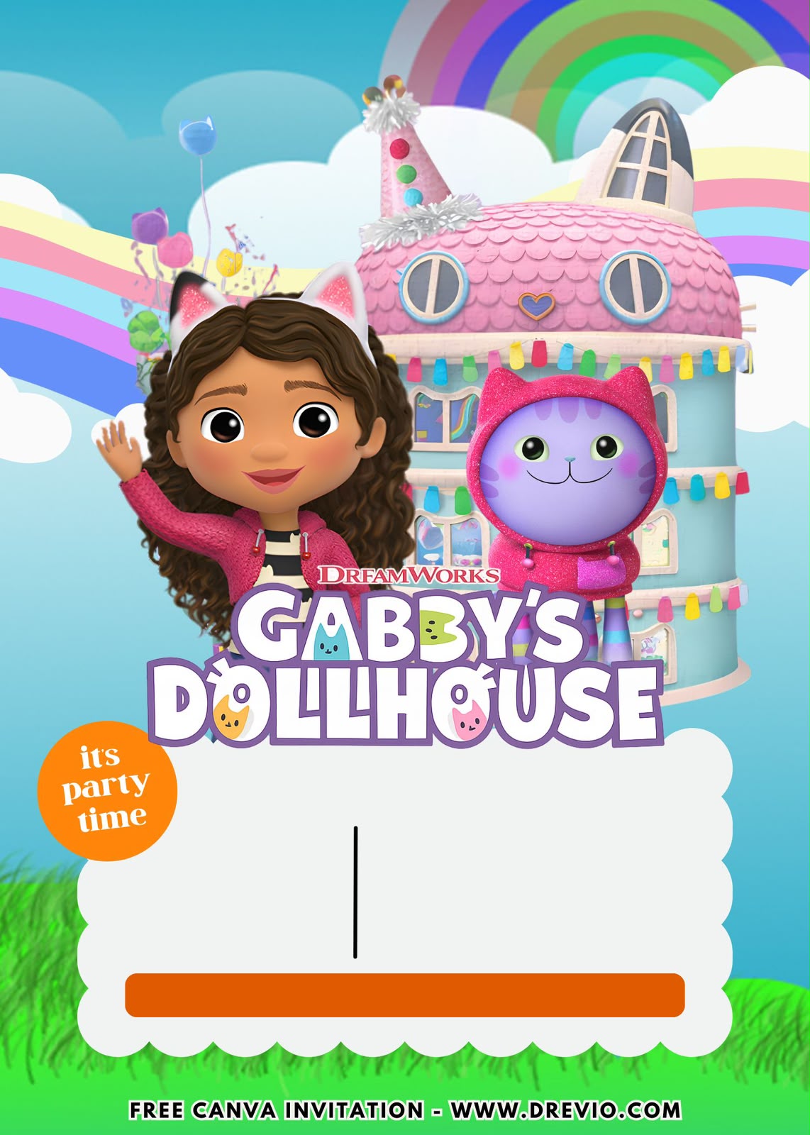 Gabby's Dollhouse invitation with colorful dollhouse, paw prints, rainbow, balloons, stars, and playful kitty icons