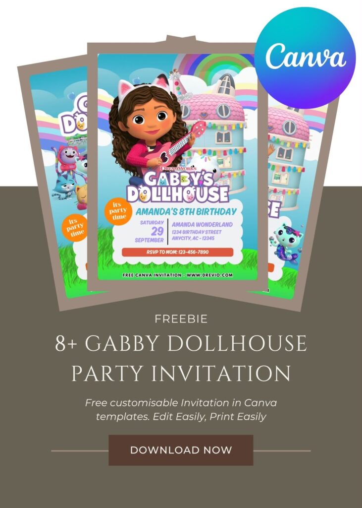 Bright Gabby's Dollhouse birthday invitation featuring pastel rainbow, cat characters, gift boxes, hearts, and confetti