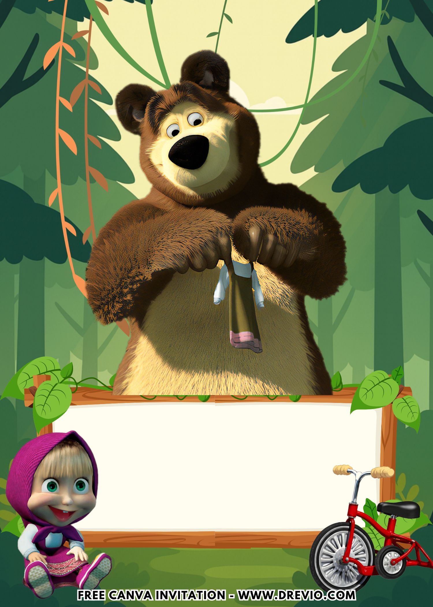 Editable Canva Masha and the Bear invitation template featuring cartoon forest adventure design elements for kids birthdays