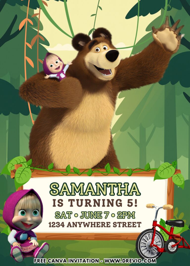 Masha and the bear birthday invitations on canva4