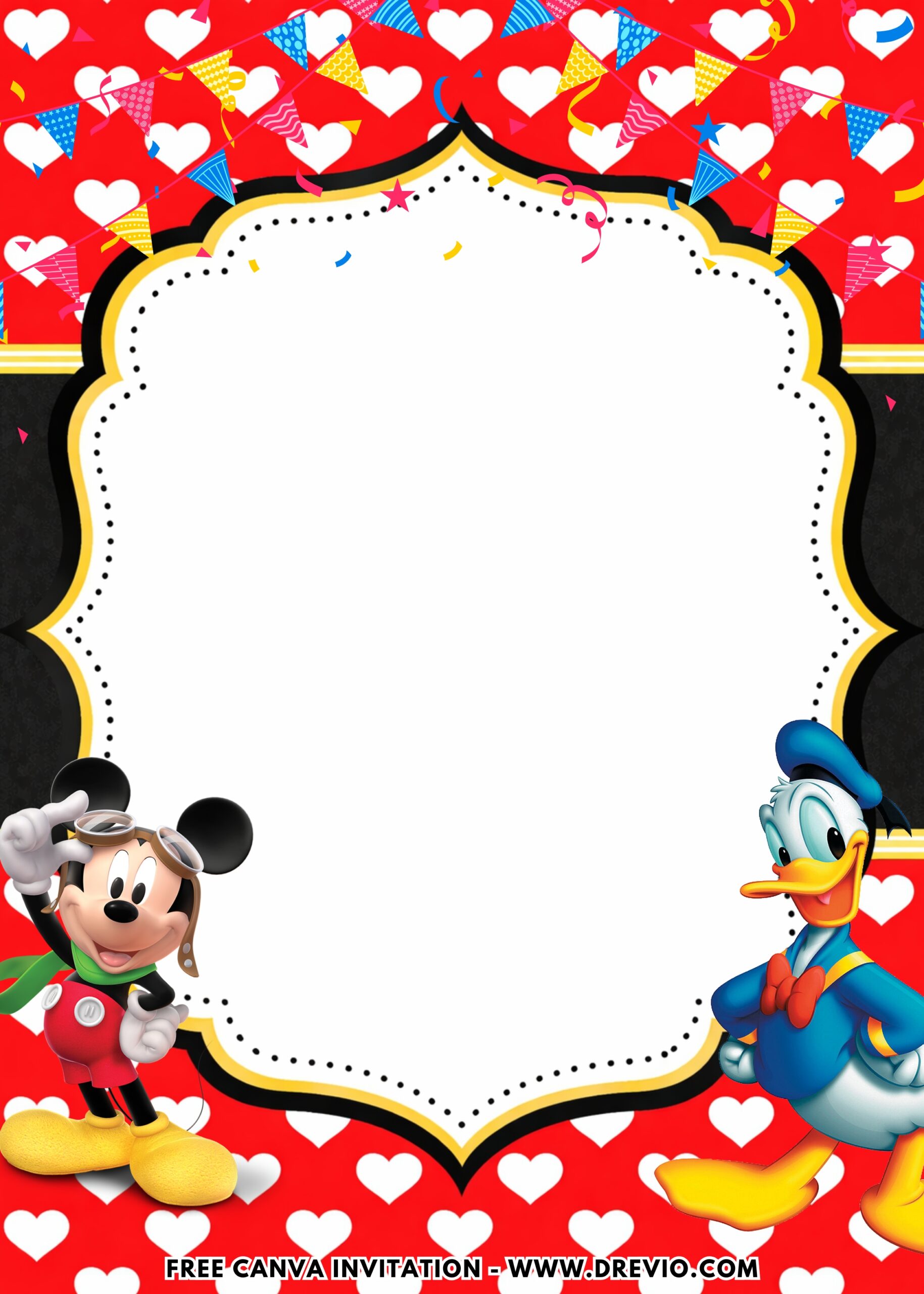 Mickey Mouse second birthday invitation template for toddlers featuring character-inspired decorations, colorful layout, and Canva editable design