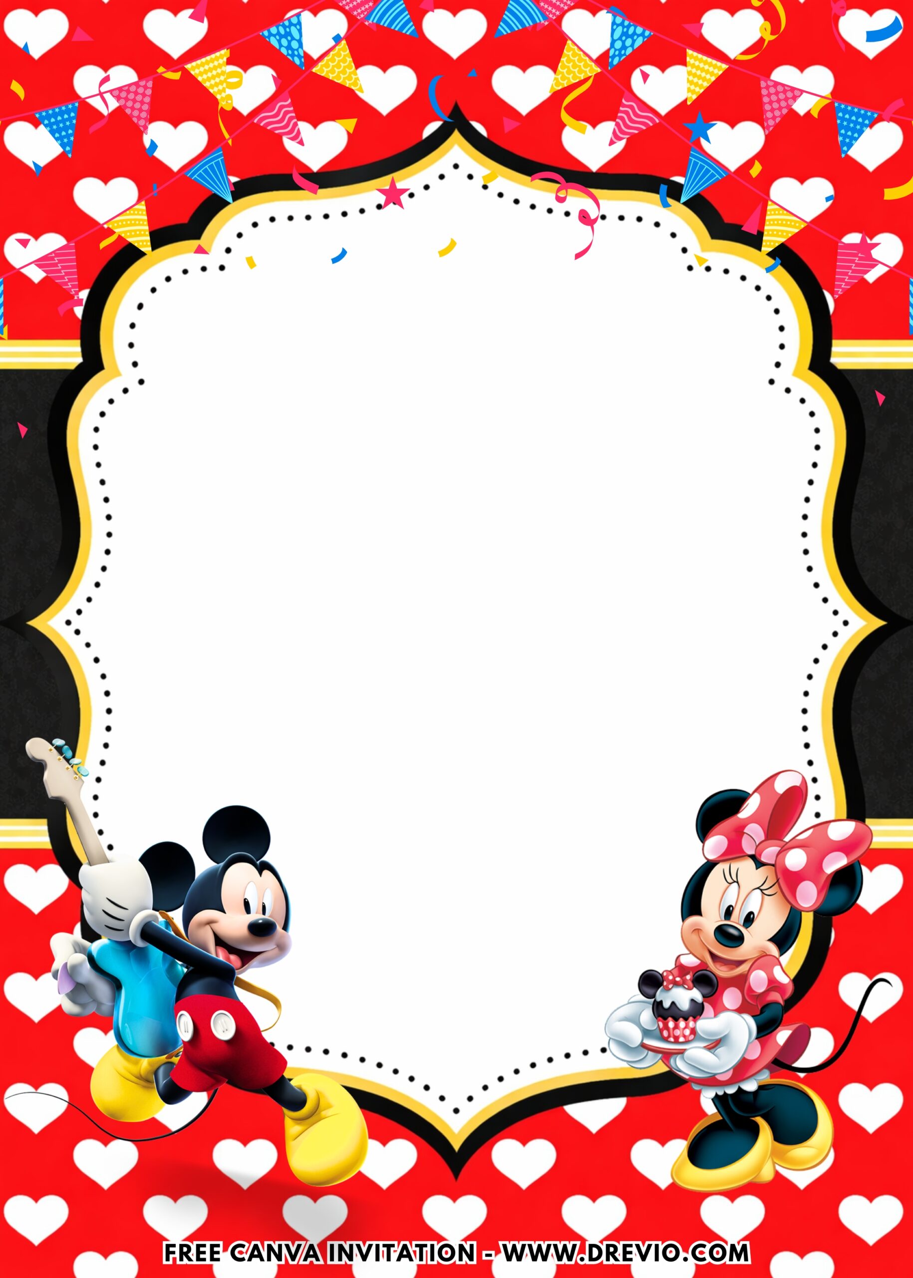 Simple Mickey ears birthday invitation with red background, yellow buttons, playful fonts, and Disney-inspired toddler party theme