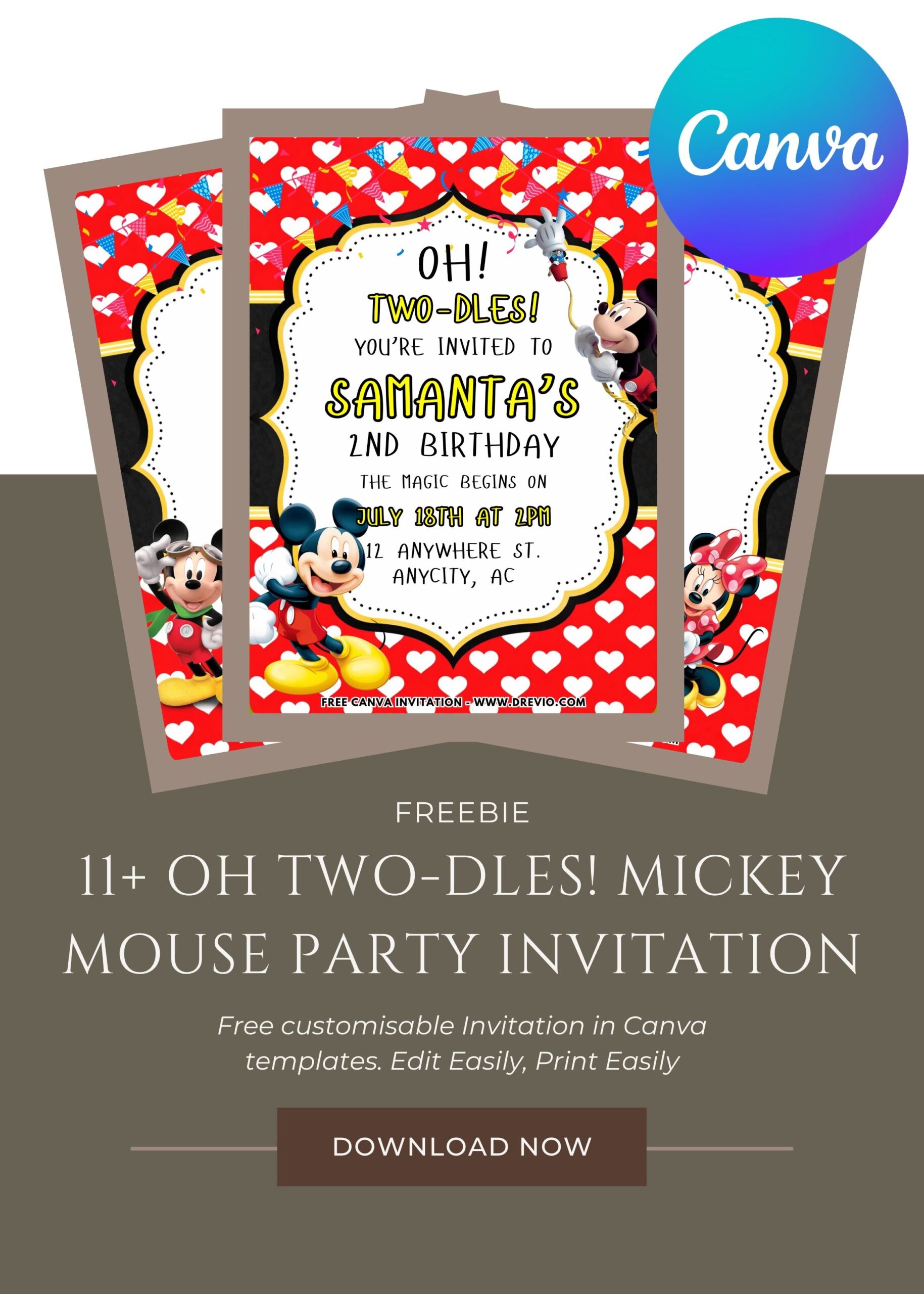 Editable Mickey Mouse invitation Canva template with classic red and yellow birthday colors, Mickey ears, polka dots, and playful toddler typography
