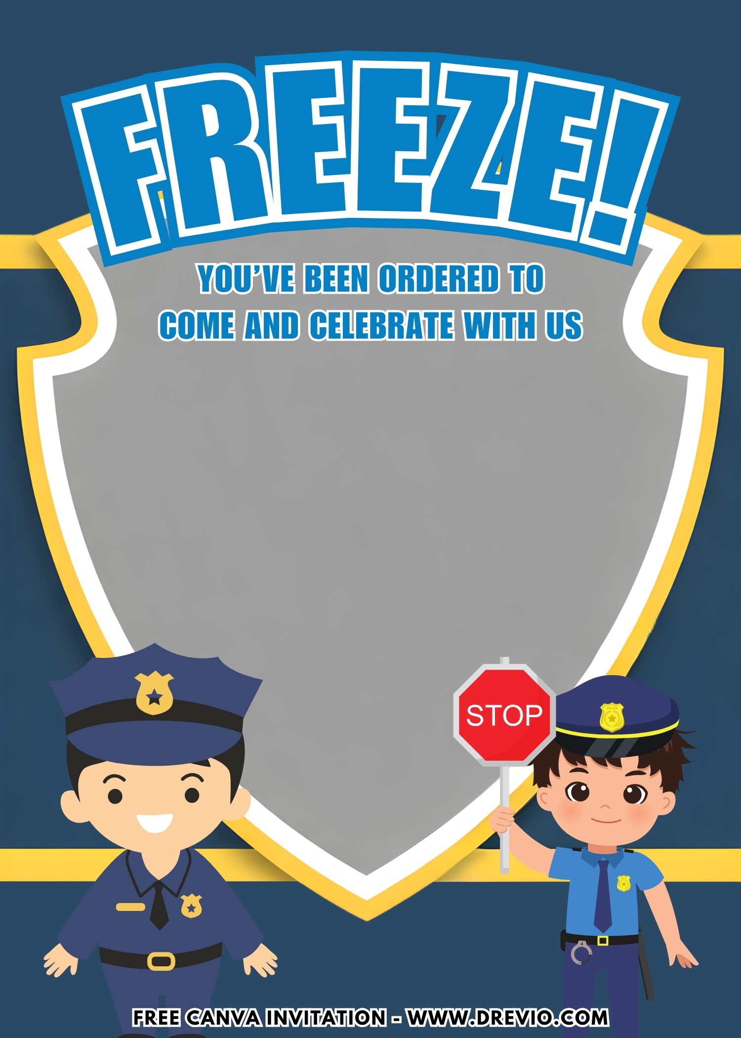 Cartoon Police Invitation with blue patrol car, gold badge, flashing sirens, and traffic cone illustrations
