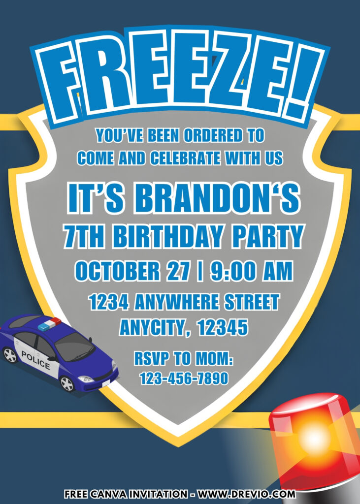 Police birthday invitation featuring cute K9 officer, paw prints, police badge, and blue city skyline