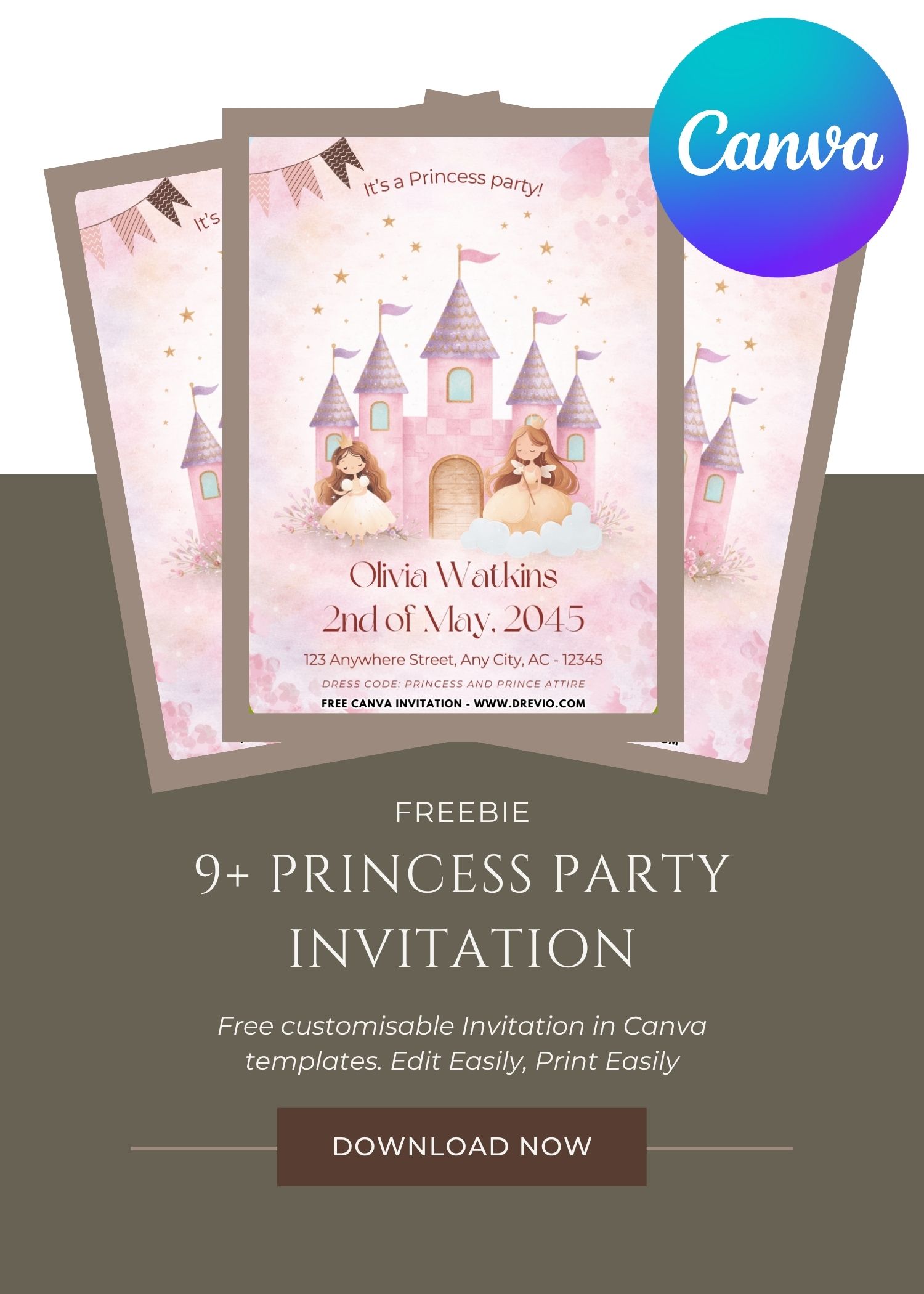 Royal Princess Invitation surrounded by crown, carriage, butterflies, pink flowers, and fairy sparkles