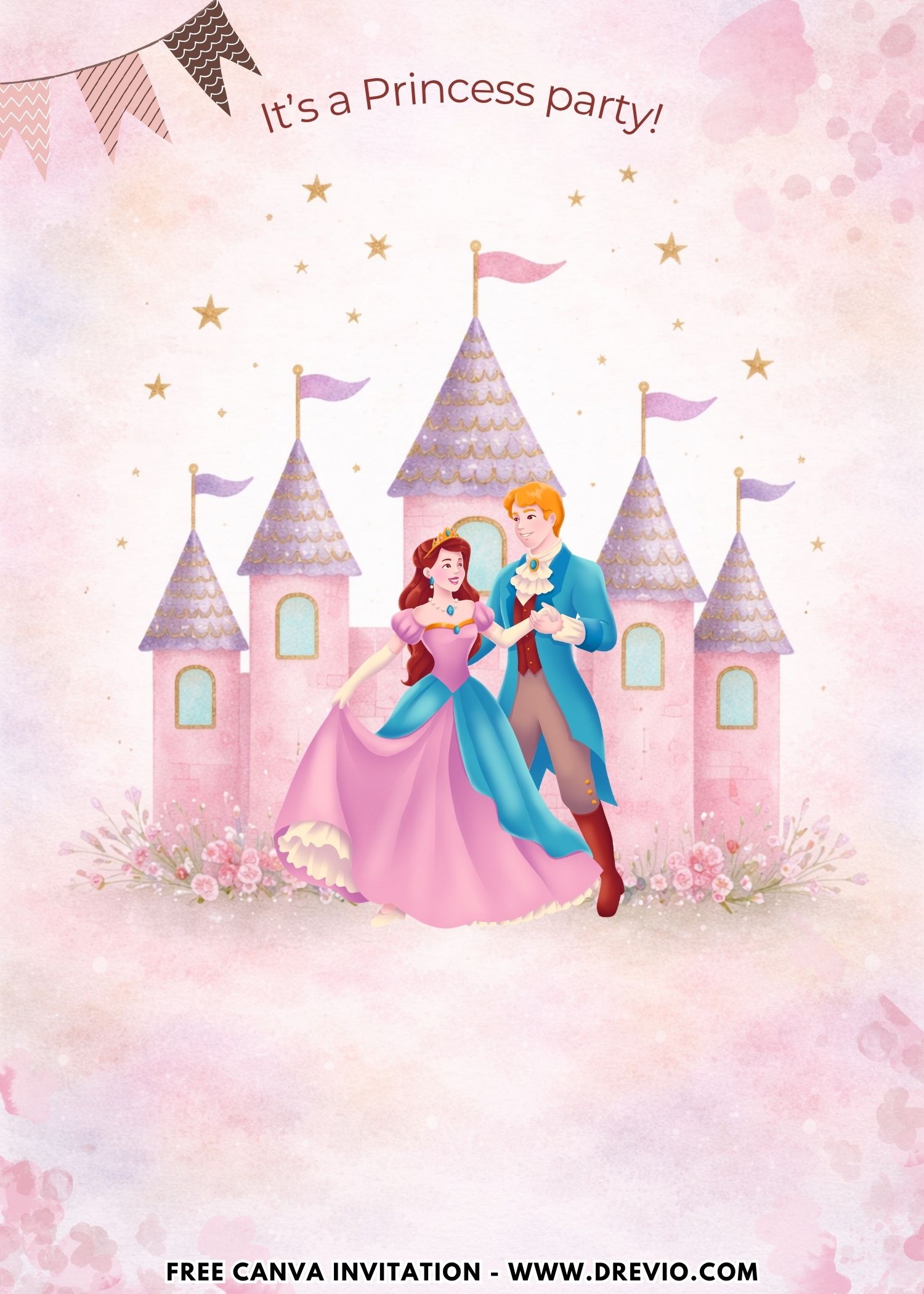 Editable Princess Invitation with enchanted castle, unicorn, rainbow, clouds, and glitter stars