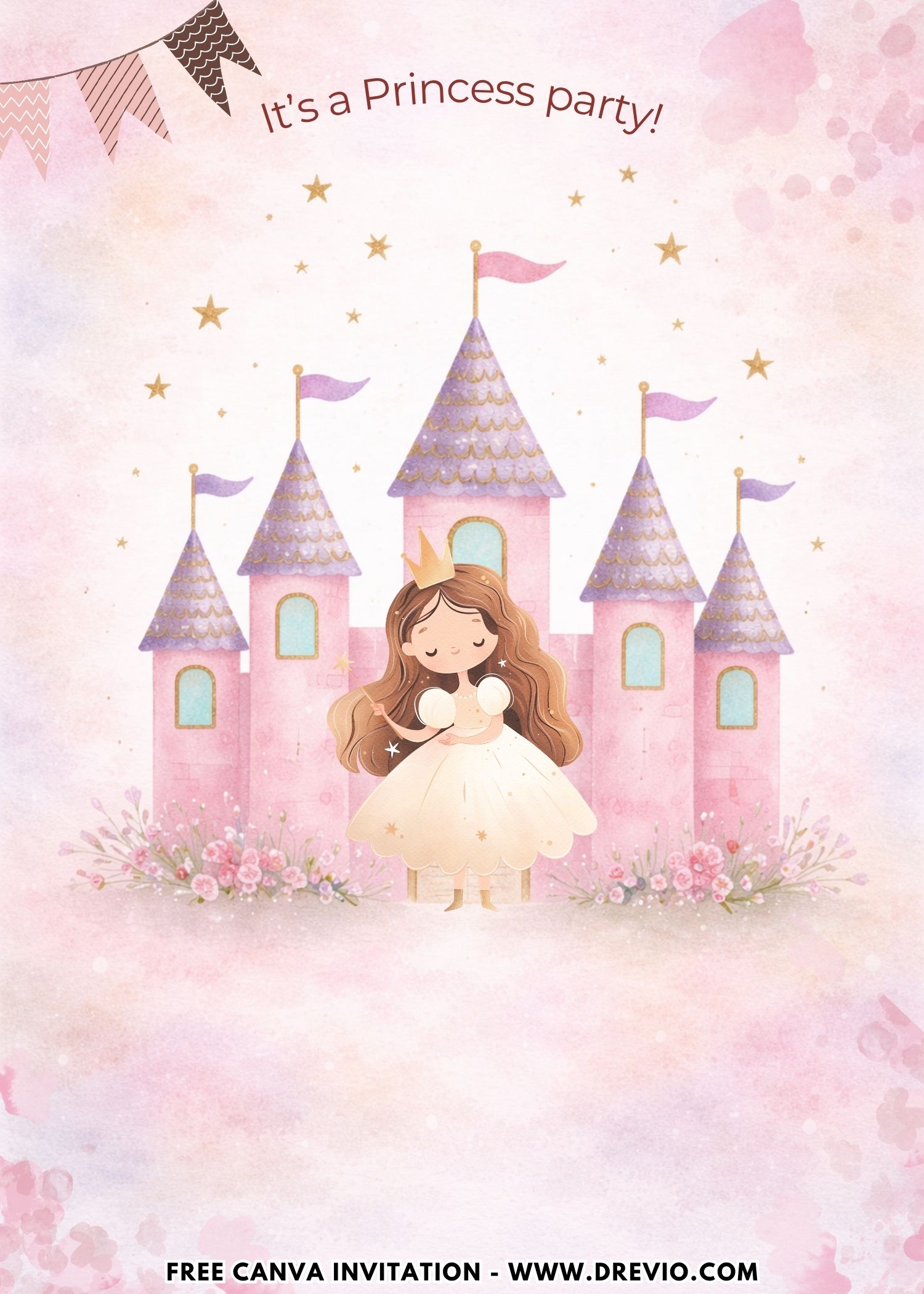Fairytale Princess Invitation featuring a pastel castle, sparkling stars, tiara, ribbon, and floral border