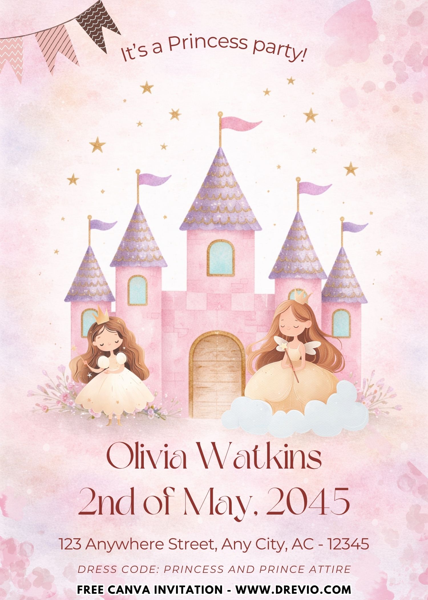 Princess invitation template with watercolor castle, gold crown, pink roses, butterflies, and magic wand