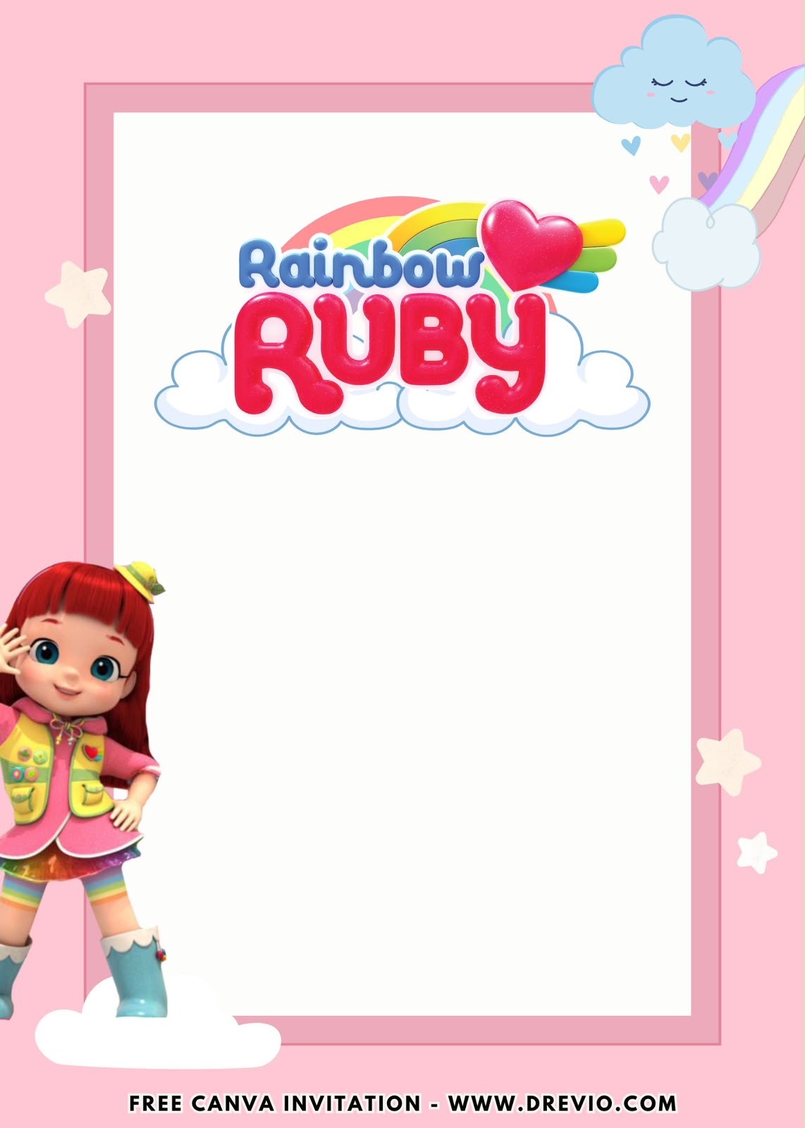 Editable Rainbow Ruby Canva invitation decorated with pastel balloons, rainbow arches, stars, and cheerful cartoon elements