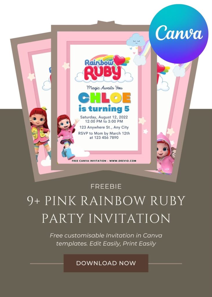 Rainbow Ruby birthday invite with magical rainbow, smiling clouds, pastel flowers, and whimsical kids party layout