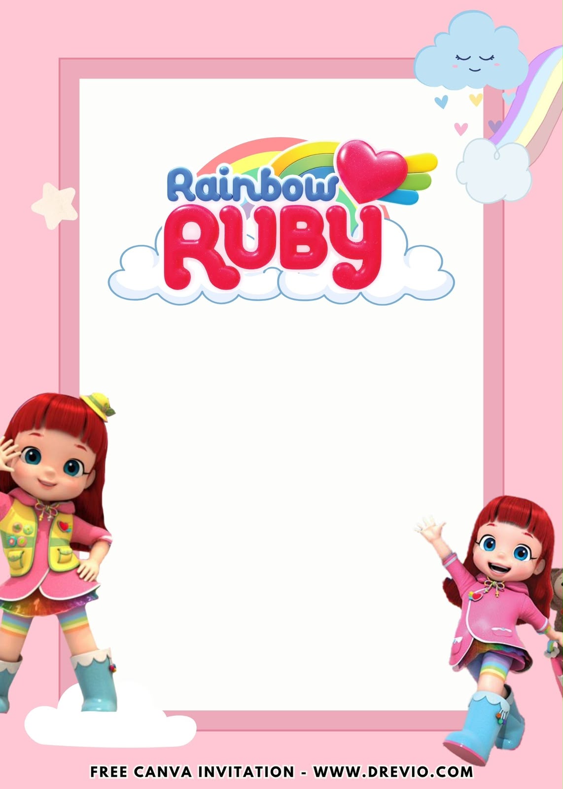 Rainbow Ruby birthday invitation with pastel rainbow, fluffy clouds, flowers, stars, and colorful cartoon theme