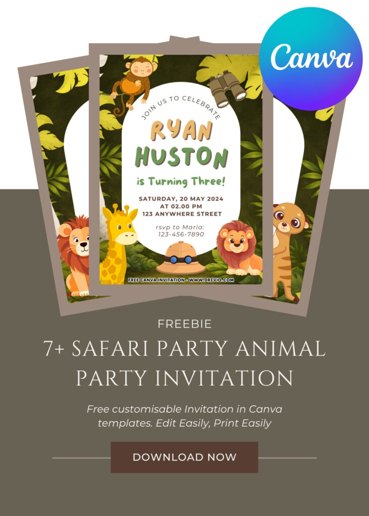 Wild One Safari Invitation featuring lion, monkey, zebra, tropical greenery, wooden sign elements, and playful birthday typography.