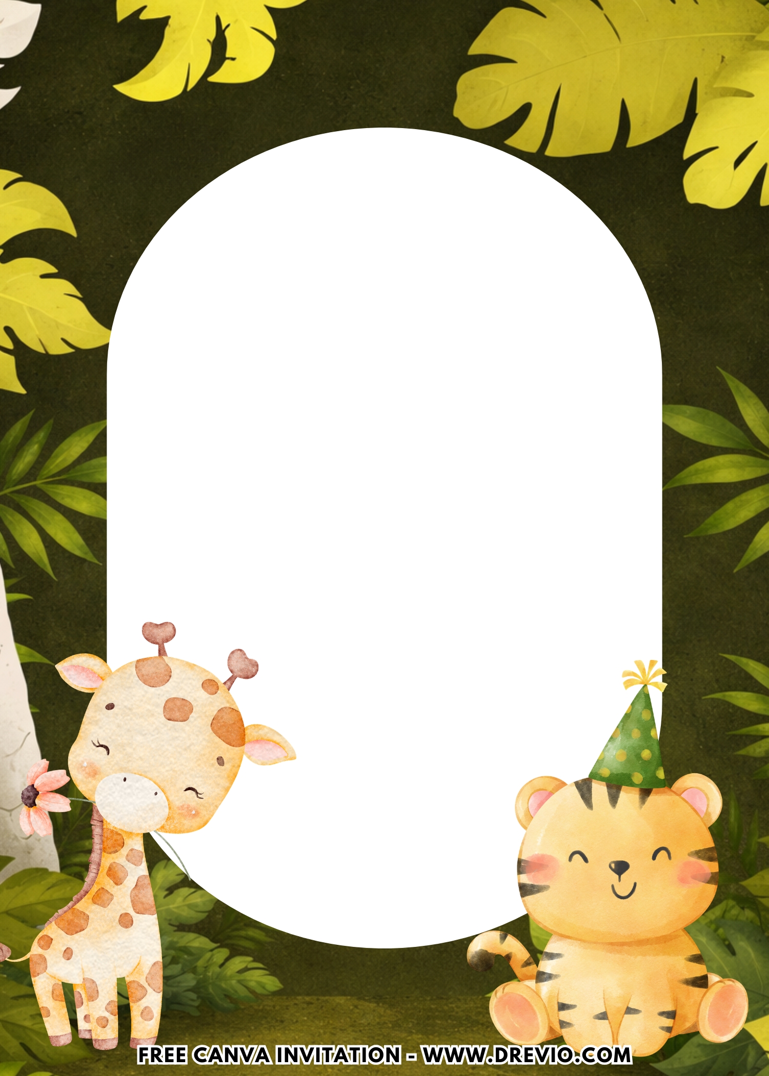 Boho Safari Invitation template decorated with watercolor elephant, giraffe, eucalyptus leaves, beige background, and jungle vines.