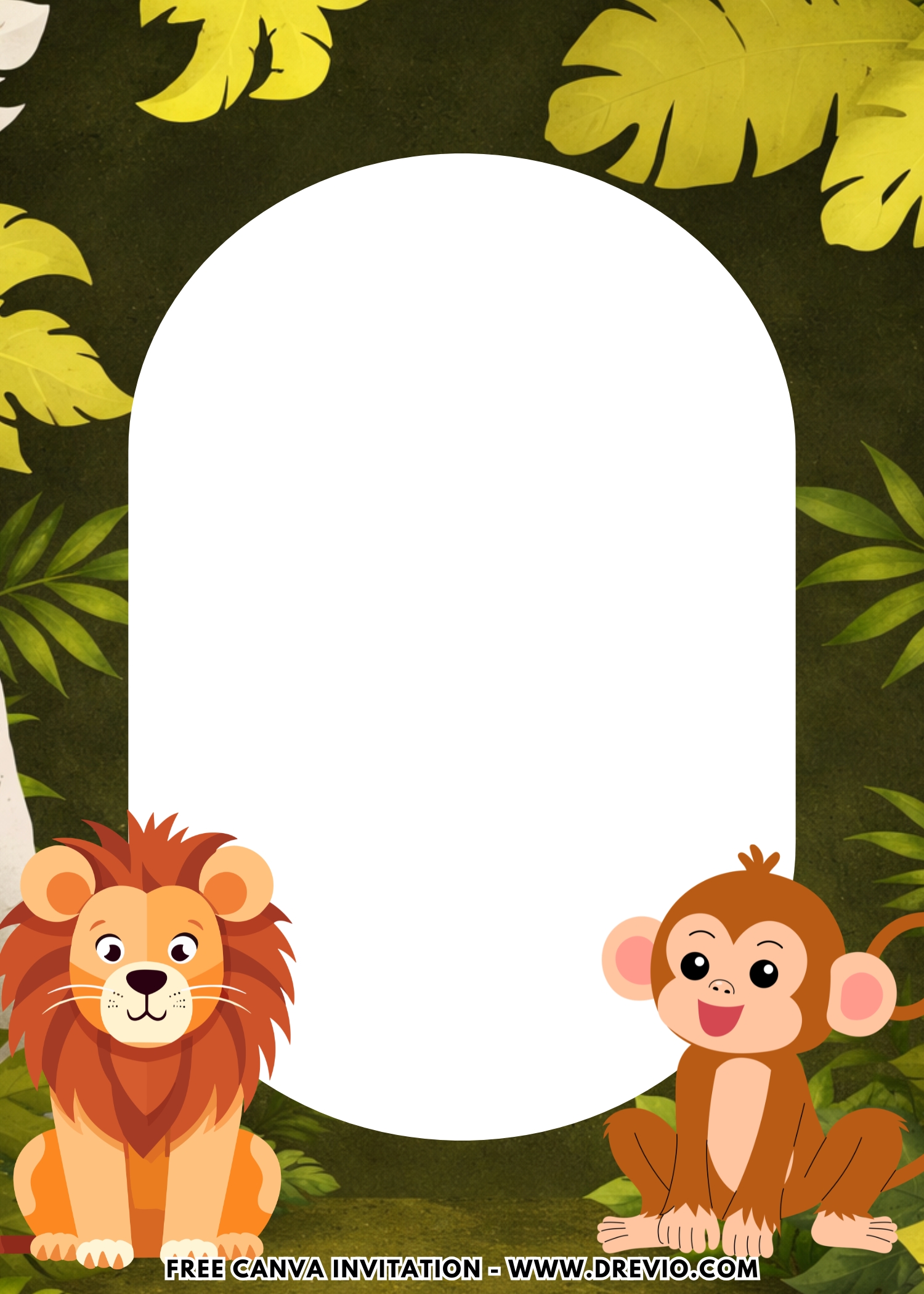 Cute Safari Invitation design with smiling jungle animals, palm leaves, safari jeep, paw prints, and modern birthday layout.