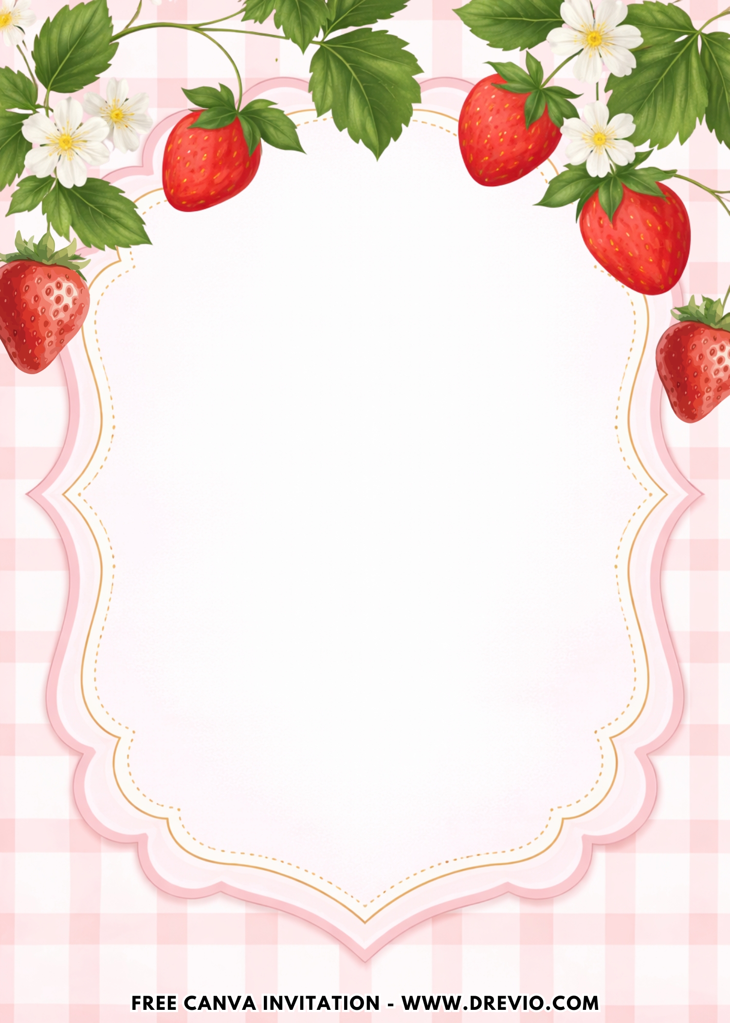 Strawberry first birthday invitation with pastel pink background, cute strawberry illustrations, green leaves, and playful handwritten text