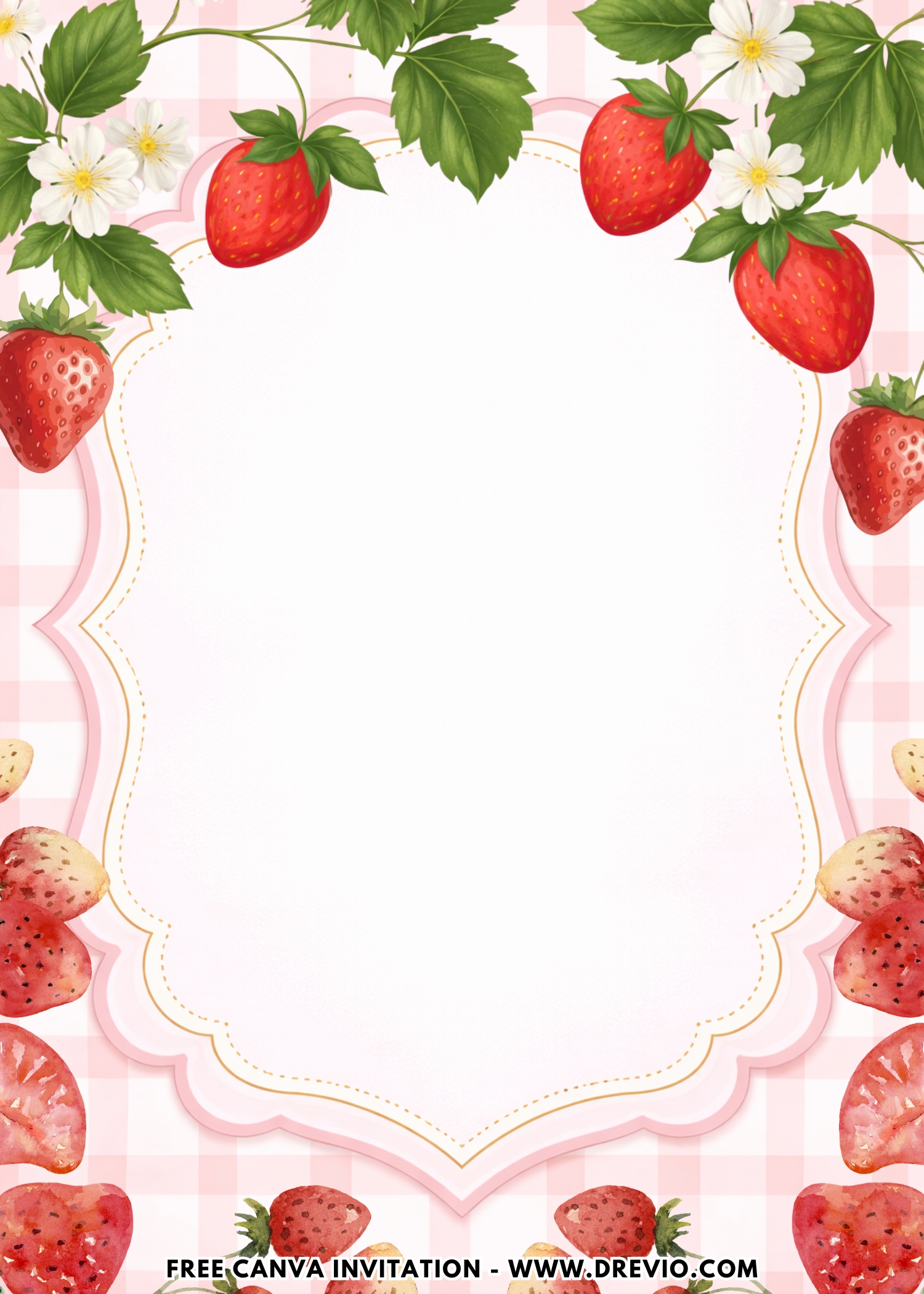 Editable Strawberry First Invitation Canva template featuring berry patterns, strawberry icons, soft pink colors, and sweet garden party style