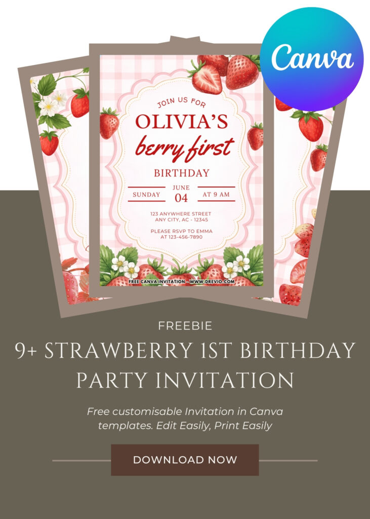 Cute strawberry birthday invitation design with red strawberries, leafy accents, pink typography, and first birthday celebration details