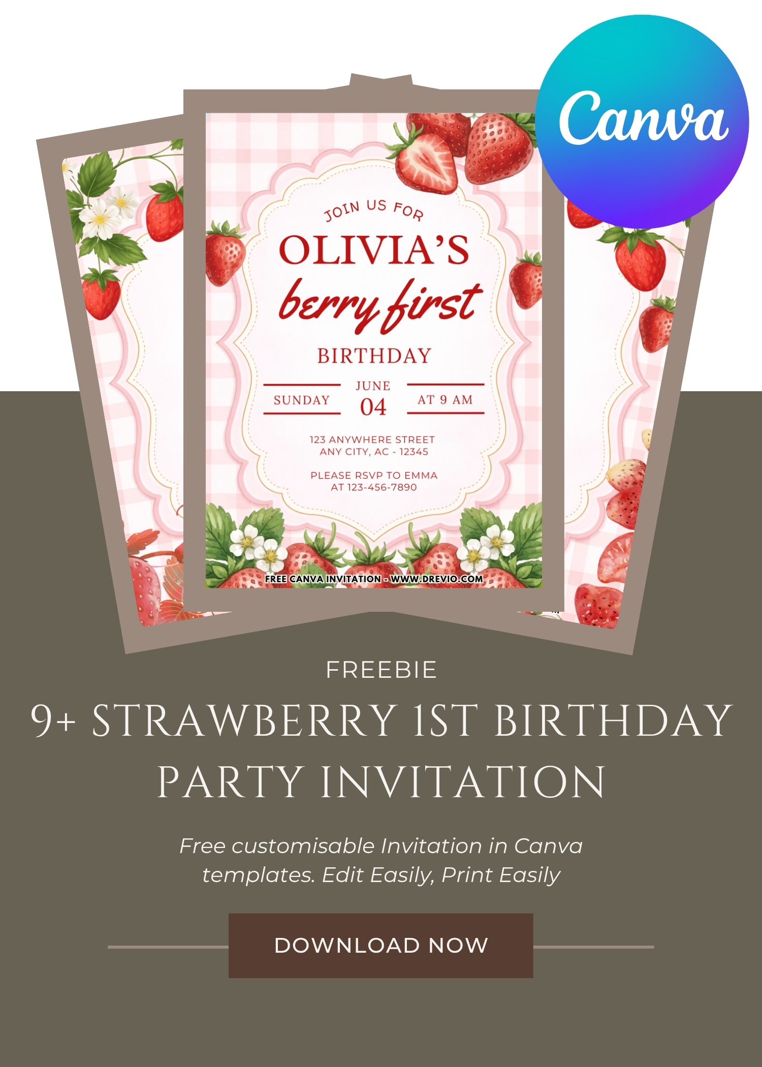Cute strawberry birthday invitation design with red strawberries, leafy accents, pink typography, and first birthday celebration details