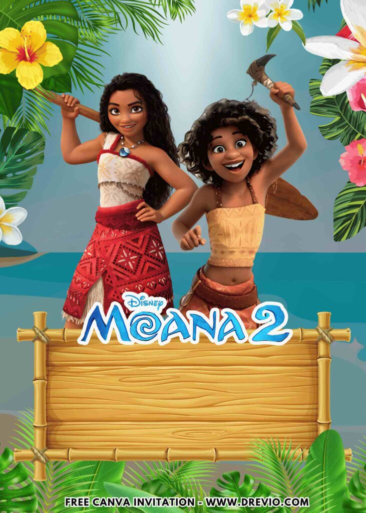 Free and Editable Disney Moana and Loto Birthday Invitation Templates Made in Canva. Customize Online for free