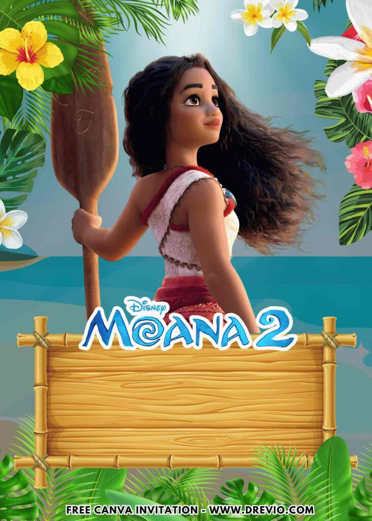 Free and Editable Disney Moana holding paddle stick Birthday Invitation Templates Made in Canva. Customize Online for free