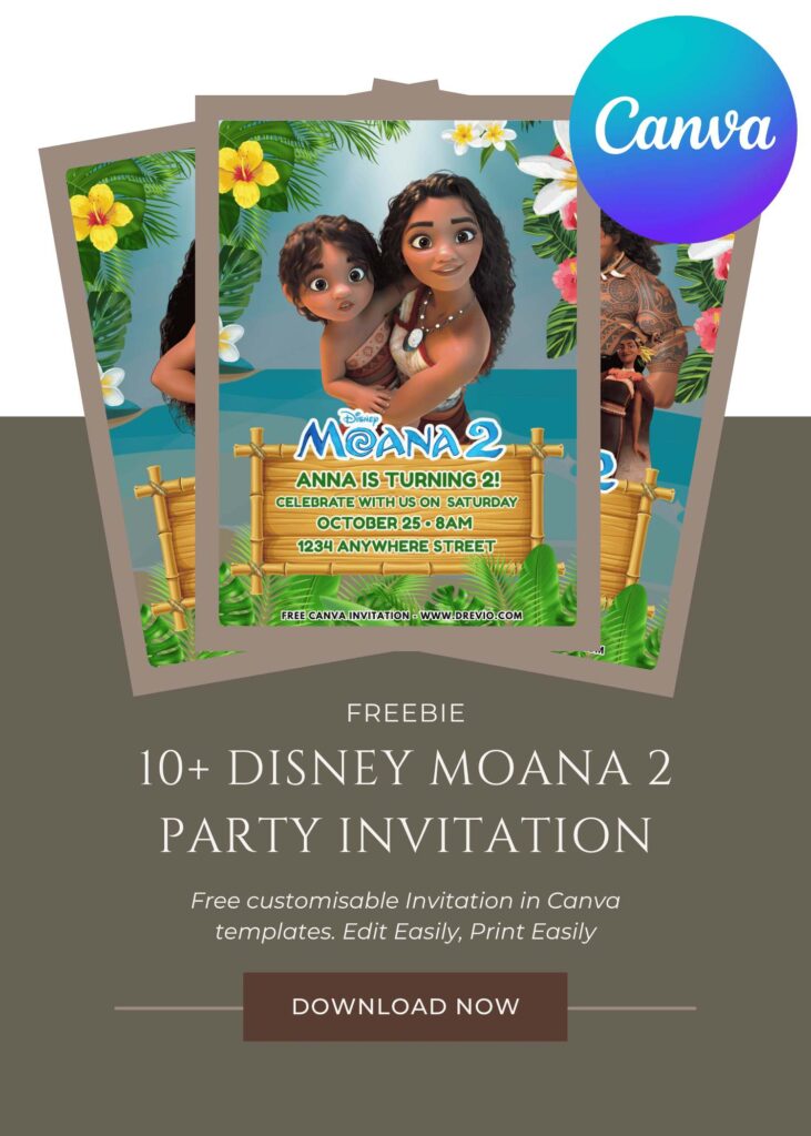Free and Editable Disney Moana 2 Maui Moni Kotu and Moana Birthday Invitation Templates Made in Canva. Customize Online for free
