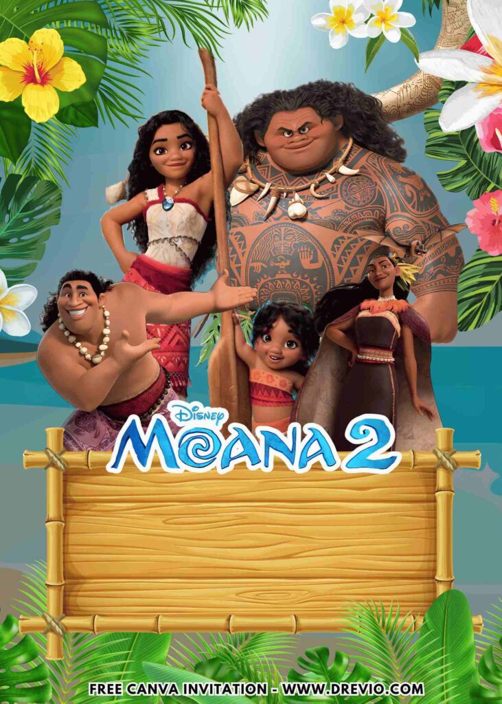 Free and Editable Disney Moana 2 Maui and Moni Birthday Invitation Templates Made in Canva. Customize Online for free
