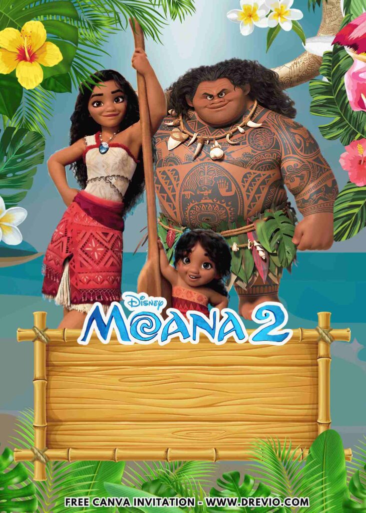 Free and Editable Jungle Disney Moana 2 Birthday Invitation Templates Made in Canva. Customize Online for free