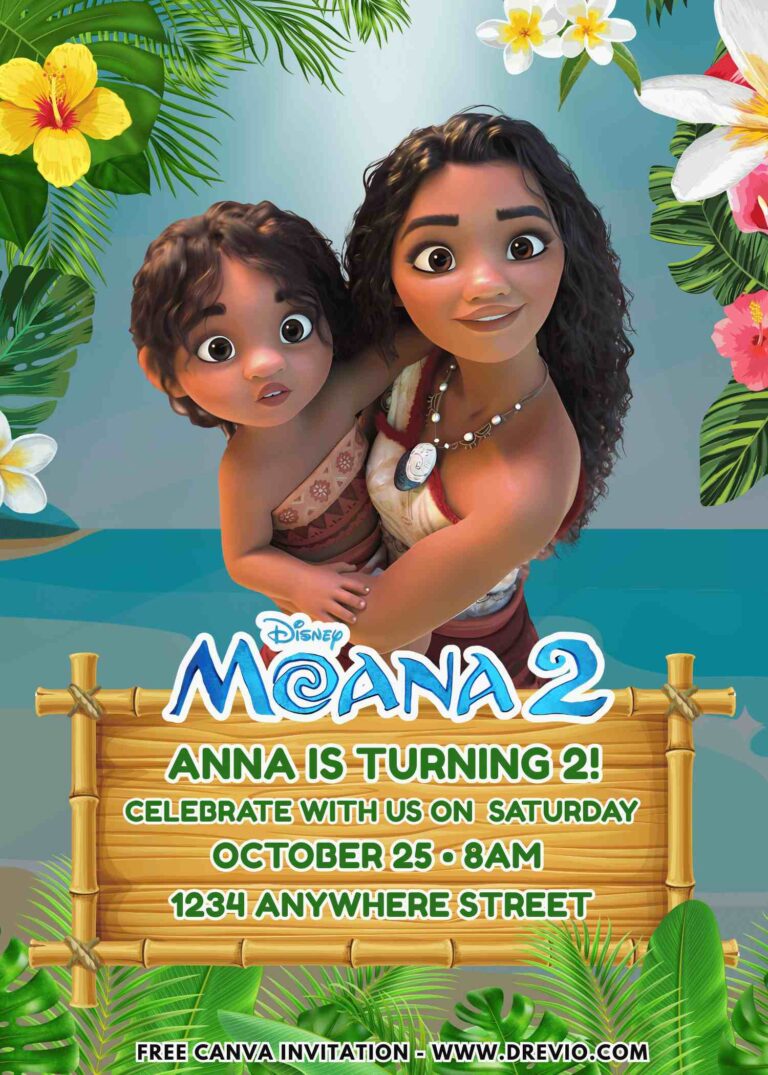 Free and Editable Cute Disney Moana 2 Birthday Invitation Templates Made in Canva. Customize Online for free